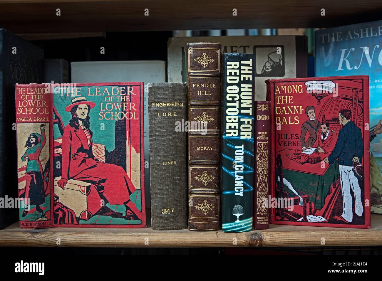 Vintage-Bücher zum Verkauf im Schaufenster eines Antiquariaten in Edinburgh, Schottland, Großbritannien. Stockfoto