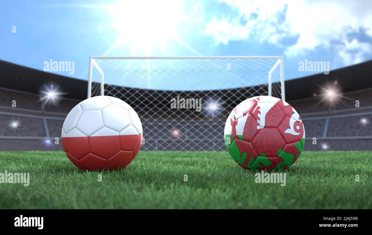 Zwei Fußballbälle in Flaggen-Farben auf Stadion verschwommener Hintergrund. Polen und Wales. 3D Bild Stockfoto