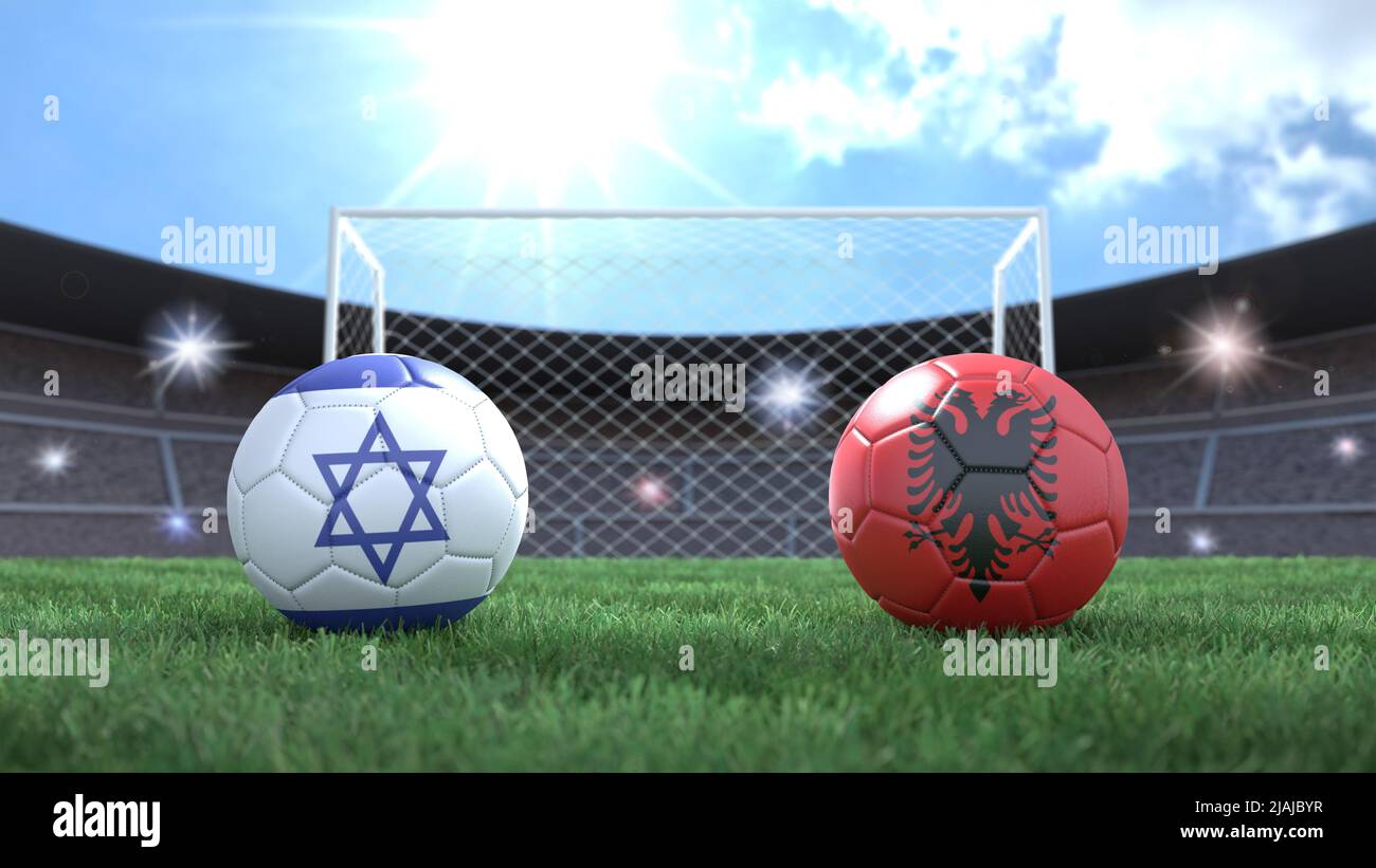 Zwei Fußballbälle in Flaggen-Farben auf Stadion verschwommener Hintergrund. Israel und Albanien. 3D Bild Stockfoto