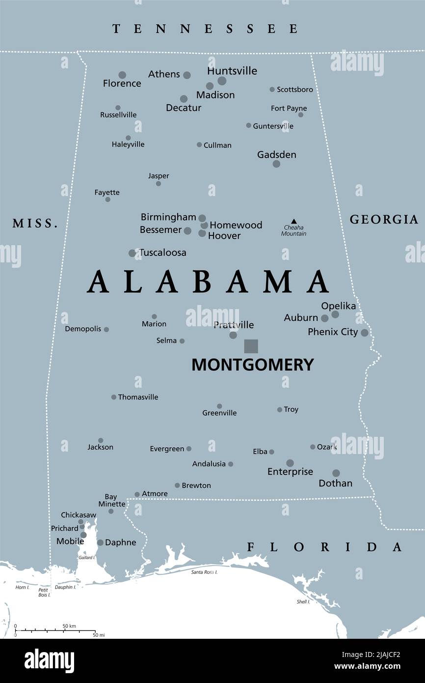 Alabama, AL, graue politische Karte, mit der Hauptstadt Montgomery, großen und wichtigen Städten. Staat in der südöstlichen Region der Vereinigten Staaten. Stockfoto