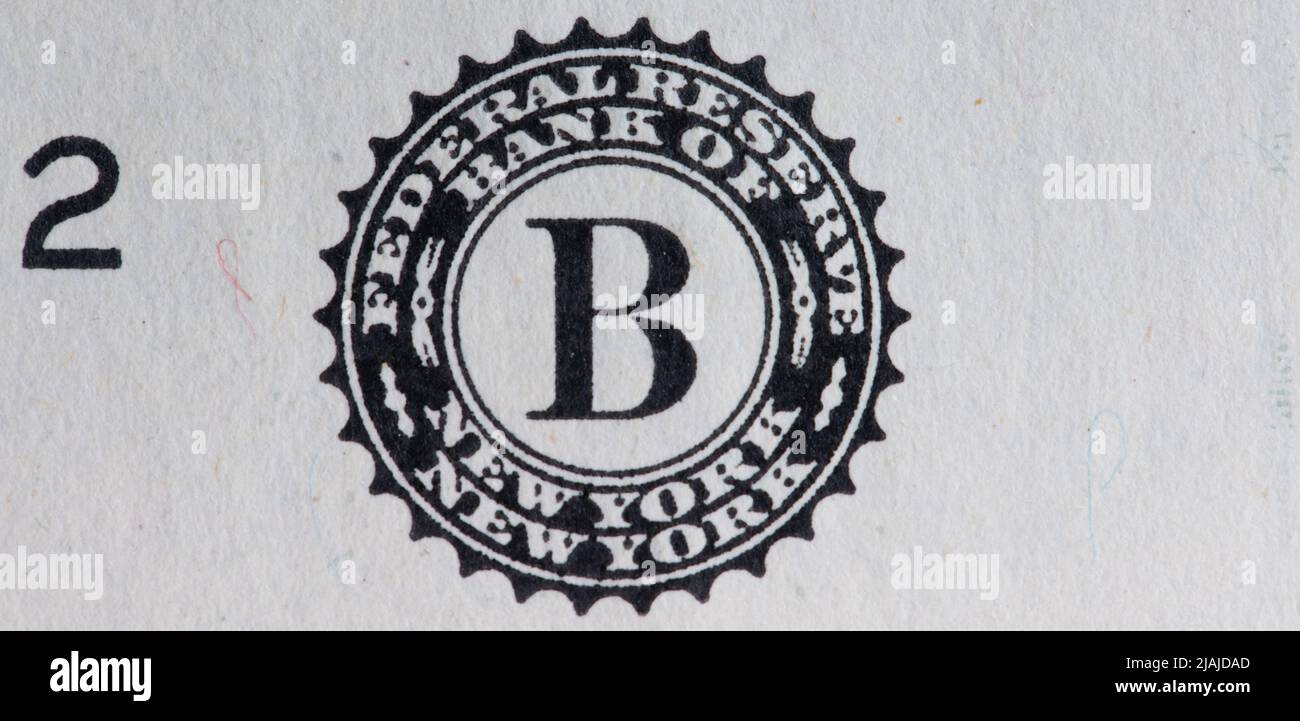 Federal Reserve Bank of New York. Siegel auf einer Dollar-Banknote Stockfoto