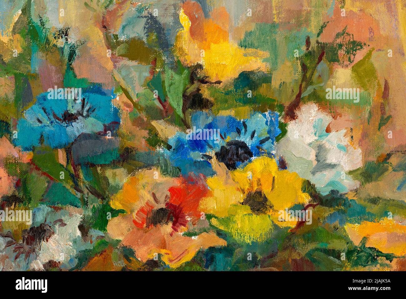 Nahaufnahme eines Ölgemäldes im impressionistischen Stil, das einen Strauß pastellfarbener Blumen darstellt. Stockfoto