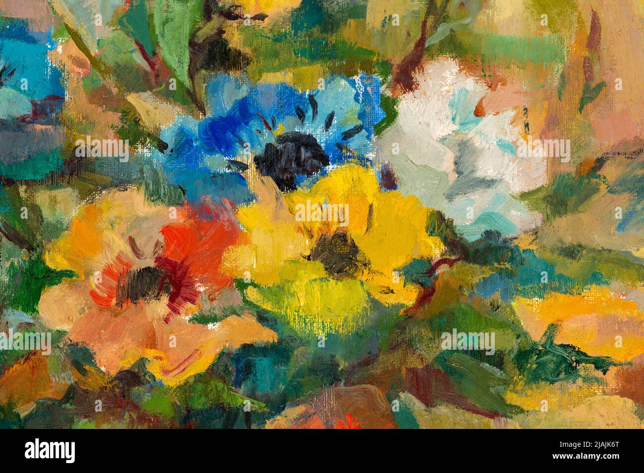 Nahaufnahme eines Ölgemäldes im impressionistischen Stil, das einen Strauß pastellfarbener Blumen darstellt. Stockfoto