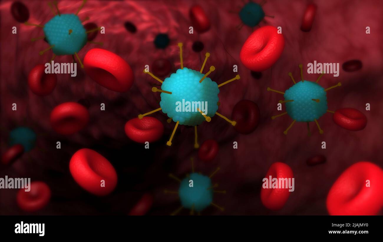 Konzeptionelle biomedizinische Illustration des Adenovirus mit roten Blutkörperchen. Stockfoto