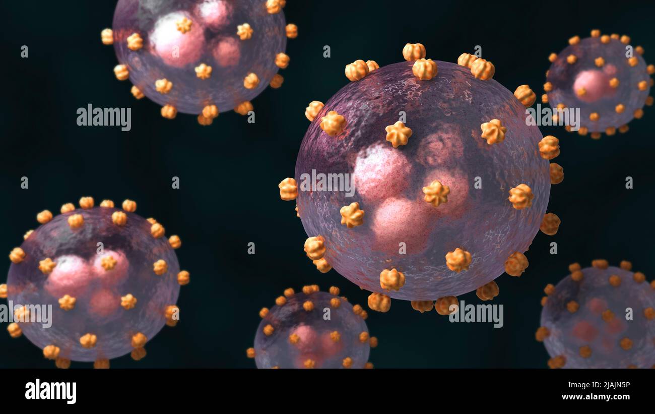 Konzeptionelle biomedizinische Illustration des Lassa-Virus auf schwarzem Hintergrund. Stockfoto
