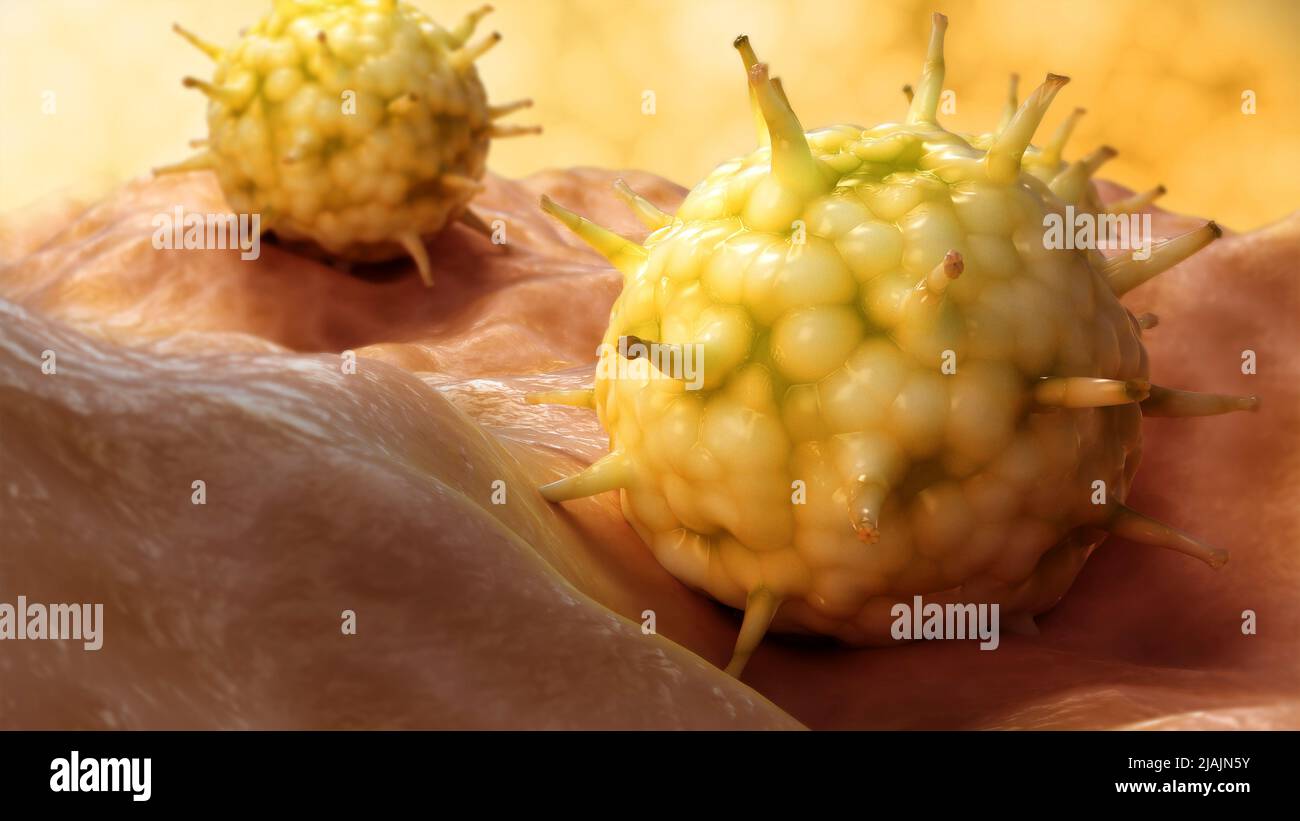 Konzeptionelle biomedizinische Illustration des Influenza-Virus an der Oberfläche. Stockfoto