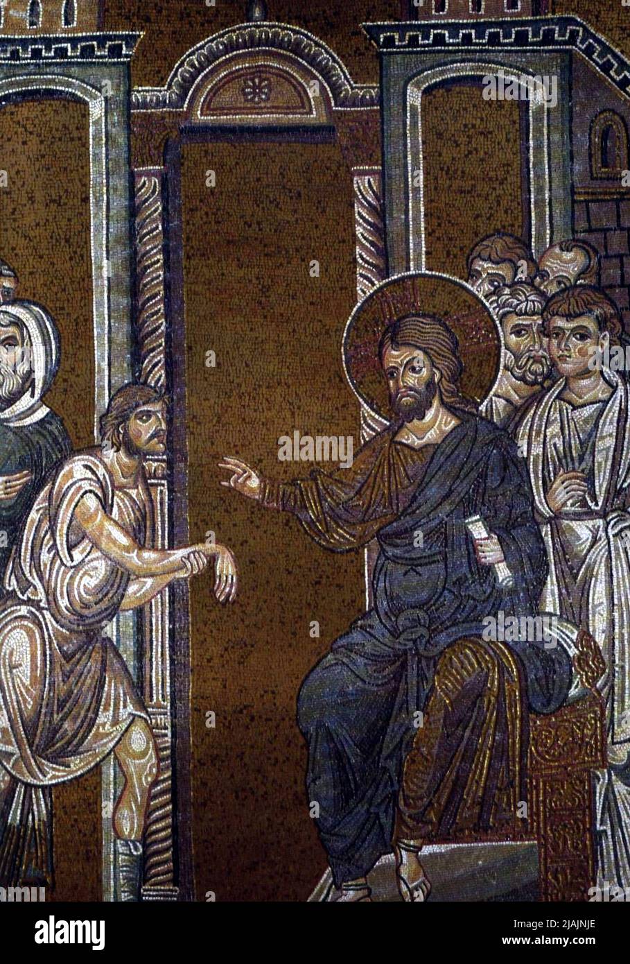 Christus heilt den Mann mit einer verdorrten Hand, byzantinischem Mosaik. Stockfoto