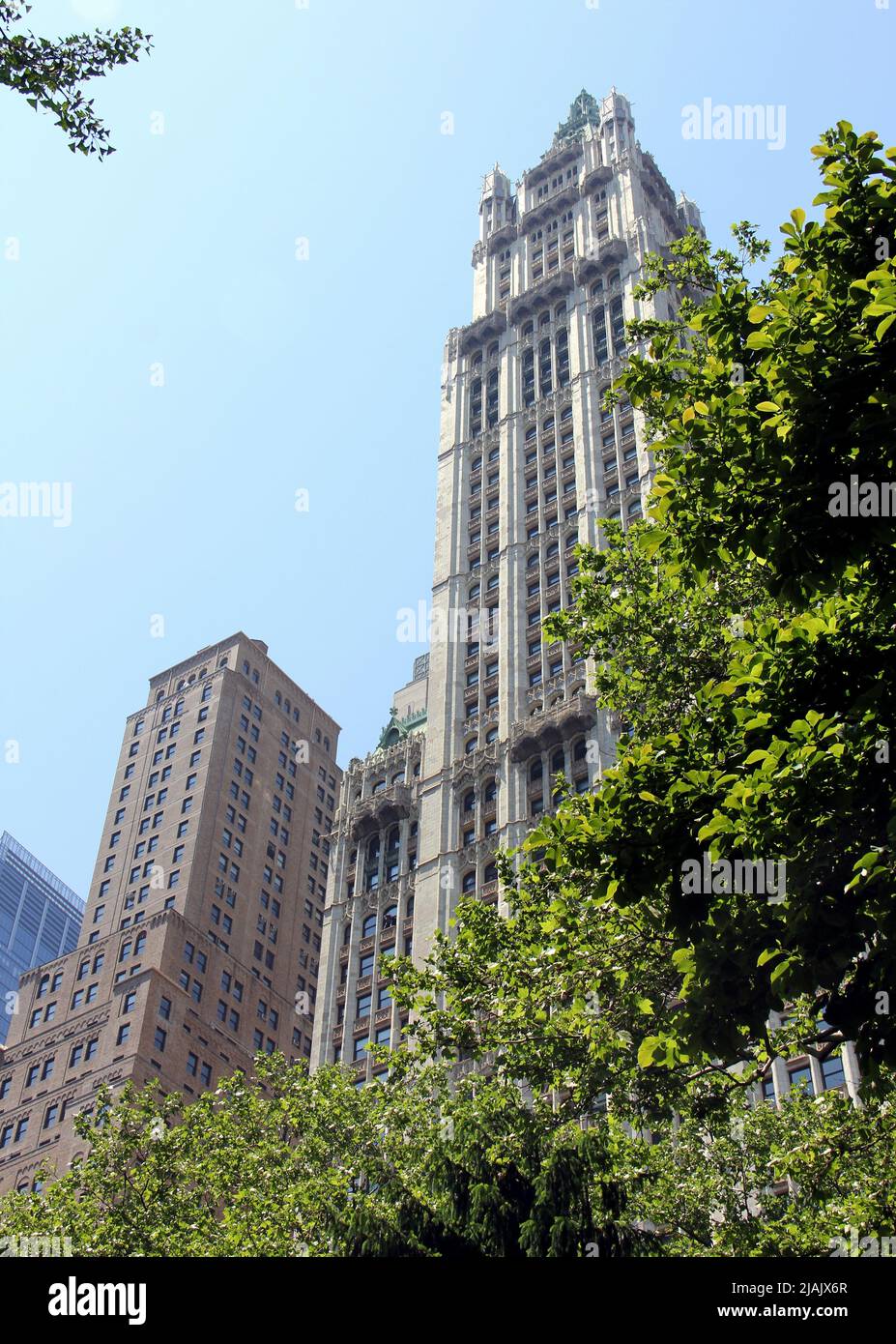 „Krone“ des Wolkenkratzers Woolworth in Lower Manhattan, New York, NY, USA Stockfoto