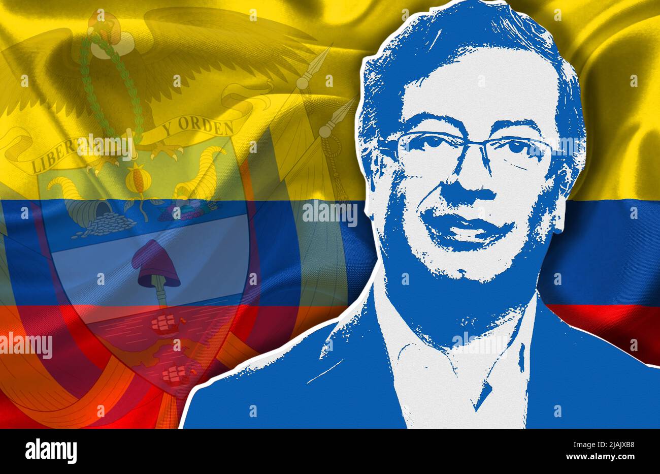 Gustavo Petro, die Flagge und das Wappen Kolumbiens Stockfoto