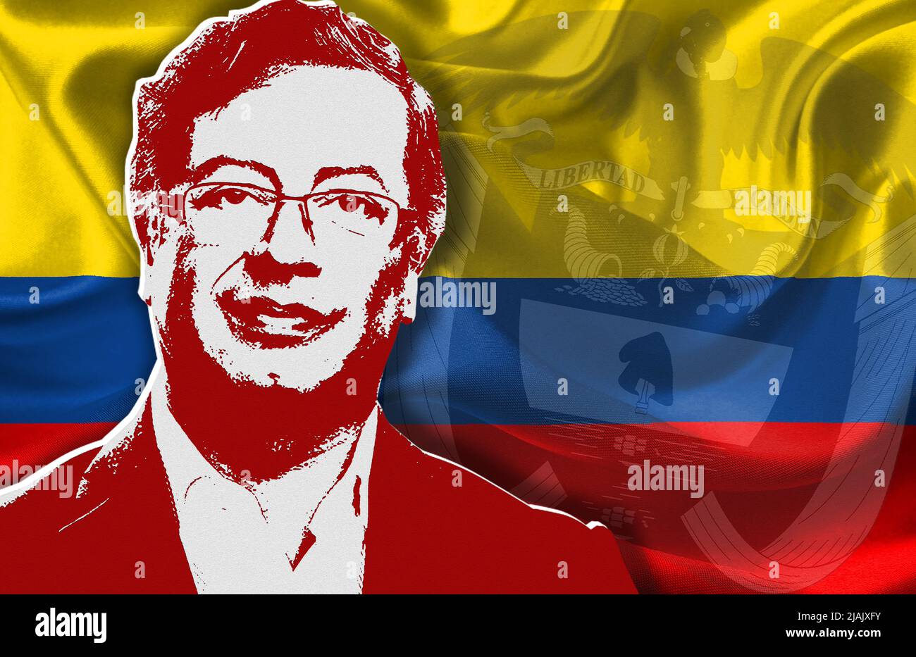 Gustavo Petro, die Flagge und das Wappen Kolumbiens Stockfoto