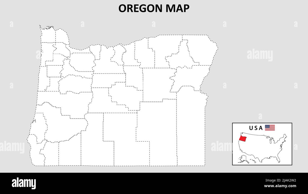 Oregon-Karte. Landes- und Distriktkarte von Oregon. Politische Landkarte von Oregon mit Nachbarländern und Grenzen. Stock Vektor