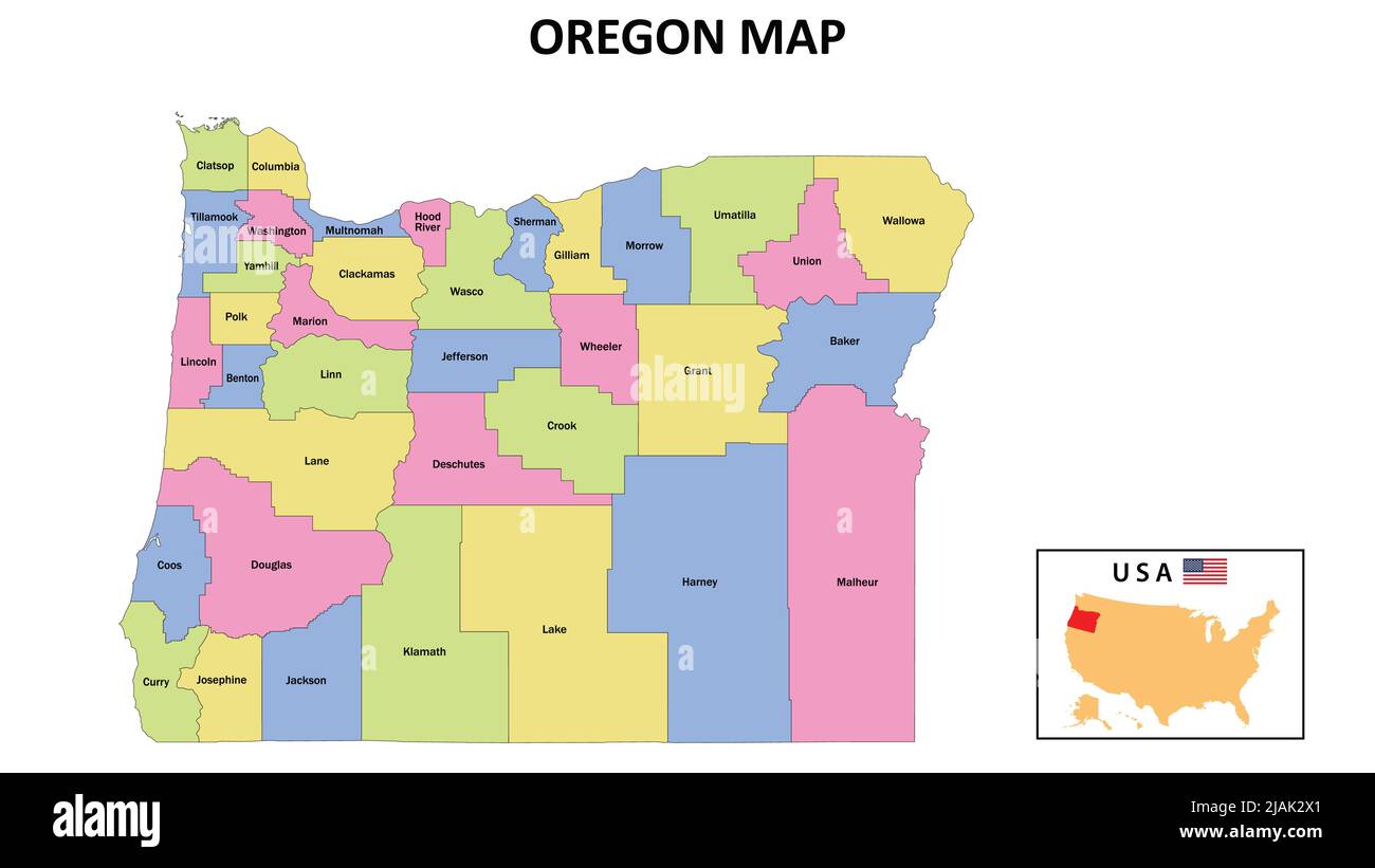 Oregon-Karte. Landes- und Distriktkarte von Oregon. Politische Landkarte von Oregon mit Nachbarländern und Grenzen. Stock Vektor