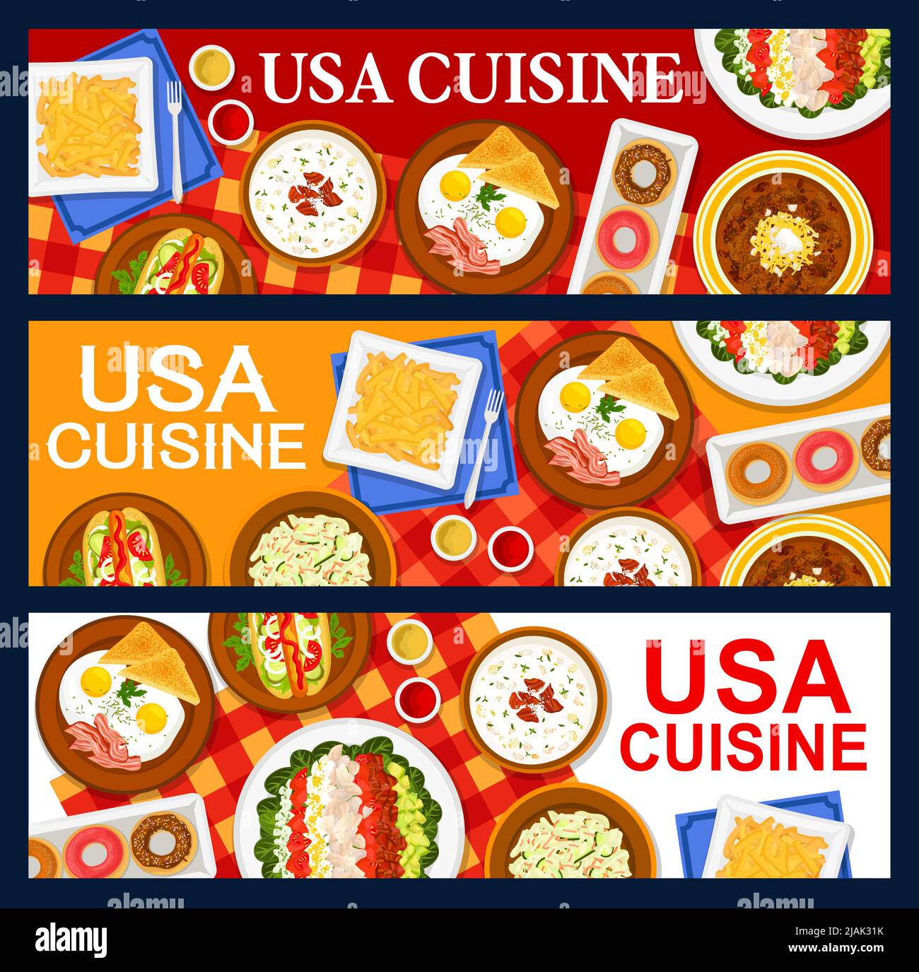 USA Cuisine Banner, amerikanische Küche Menü von Restaurant-Gerichte, Vektor-Mahlzeiten. TRADITIONELLES AMERIKANISCHES Frühstück, Mittag- und Abendessen, gebackene Bohnen und Spiegeleier mit Speck, Hot Dog und Donuts Stock Vektor