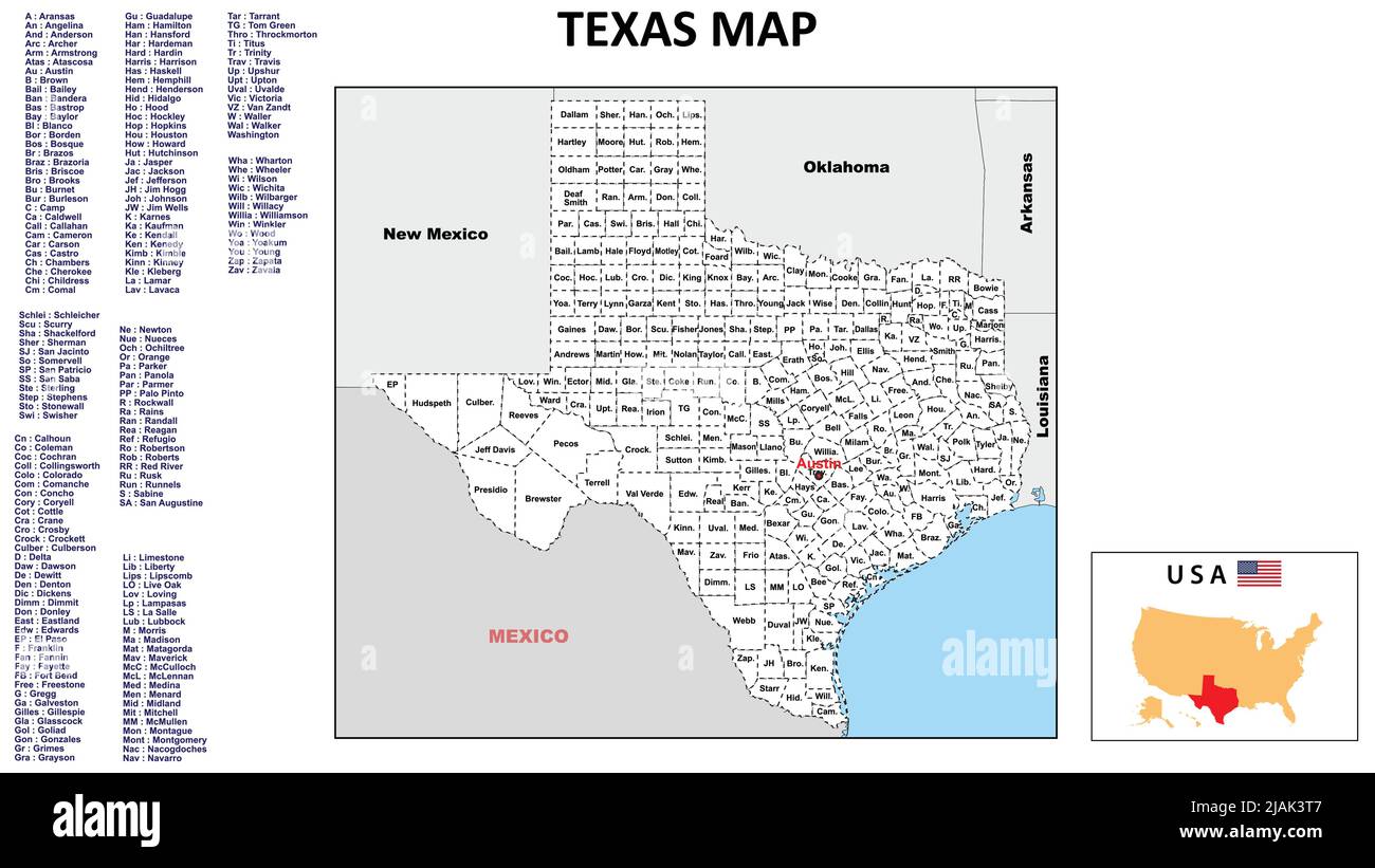 Texas-Karte. Distriktkarte von Texas in Distriktkarte von Texas in Farbe mit Hauptstadt. Stock Vektor