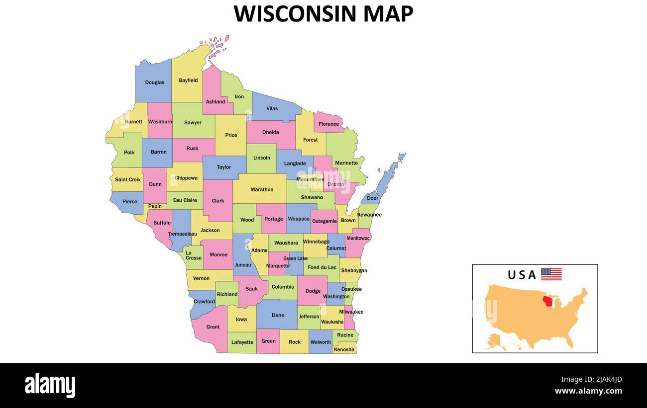 Karte Von Wisconsin. Staat- und Distriktkarte von Wisconsin. Politische Landkarte von Wisconsin mit Nachbarländern und Grenzen. Stock Vektor