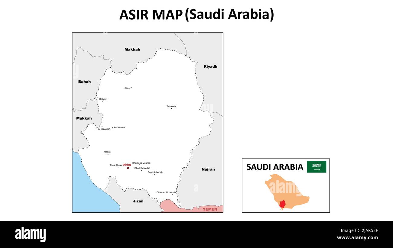 ASiR-Karte. Politische Landkarte von Asir. ASiR Karte von Saudi-Arabien mit weißer Farbe. Stock Vektor