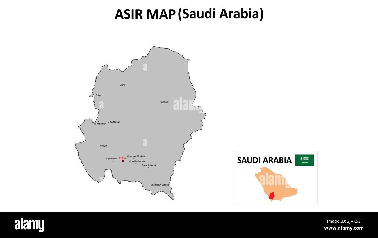 Asir-Karte. ASiR Karte von Saudi-Arabien mit farbigem Hintergrund und Namen aller Staaten. Stock Vektor