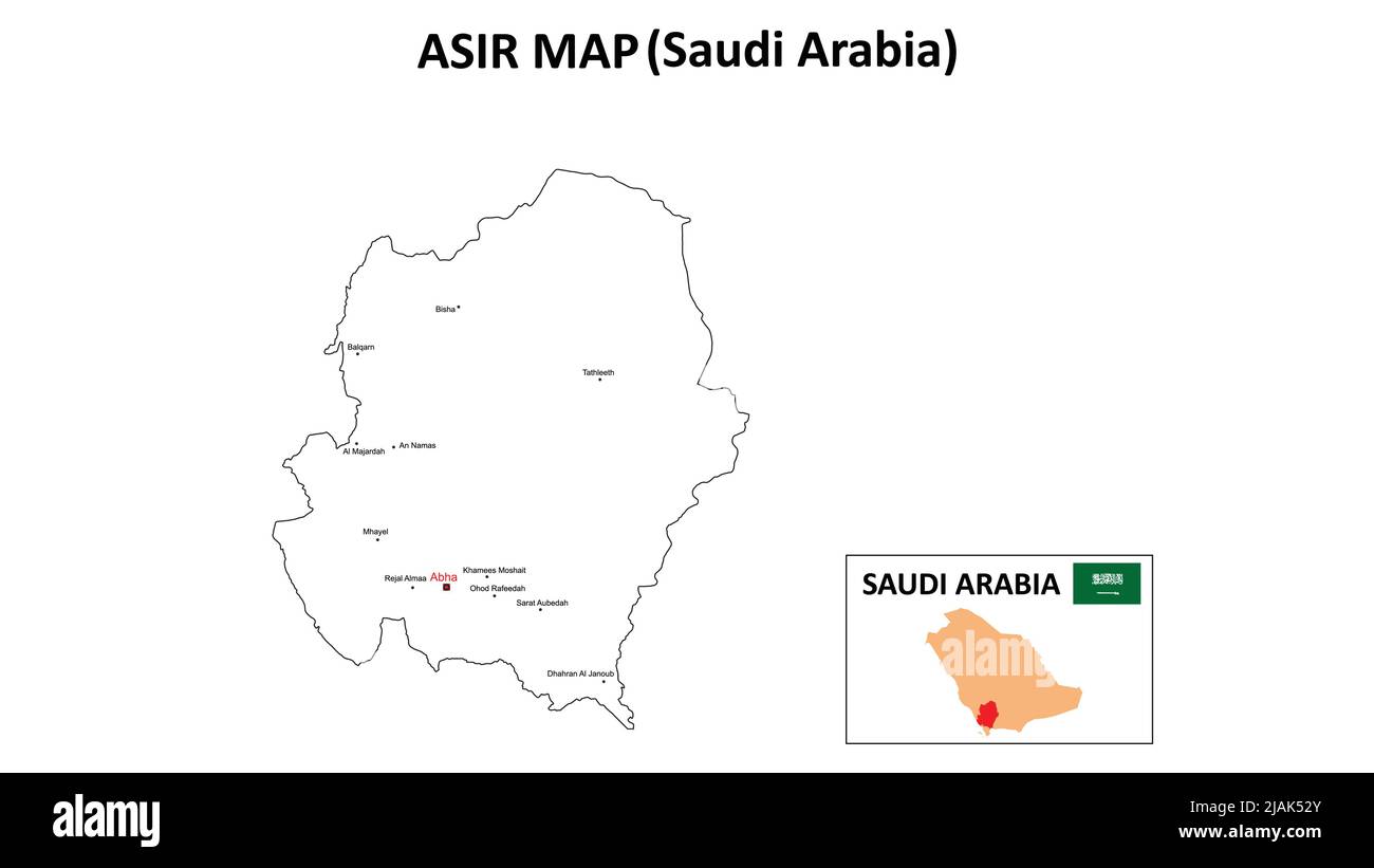 Asir-Karte. ASiR Karte von Saudi-Arabien mit weißem Hintergrund und allen Bundesstaaten-Namen. Stock Vektor