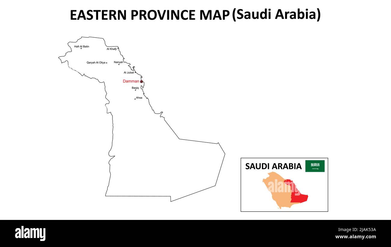 Karte Der Östlichen Provinz. Östliche Provinzkarte von Saudi-Arabien mit weißem Hintergrund und allen Bundesstaaten-Namen. Stock Vektor