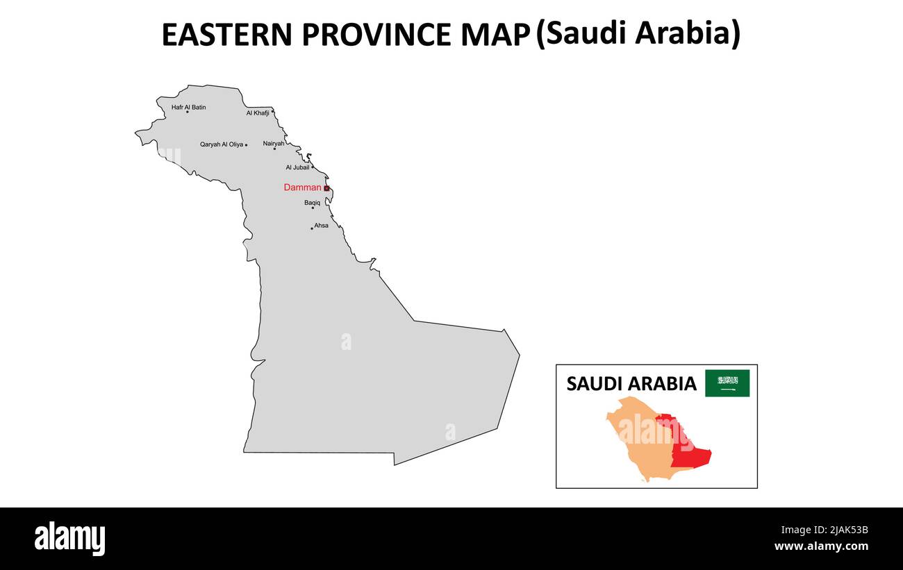 Karte Der Östlichen Provinz. Östliche Provinzkarte von Saudi-Arabien mit farbigem Hintergrund und allen Bundesstaaten-Namen. Stock Vektor