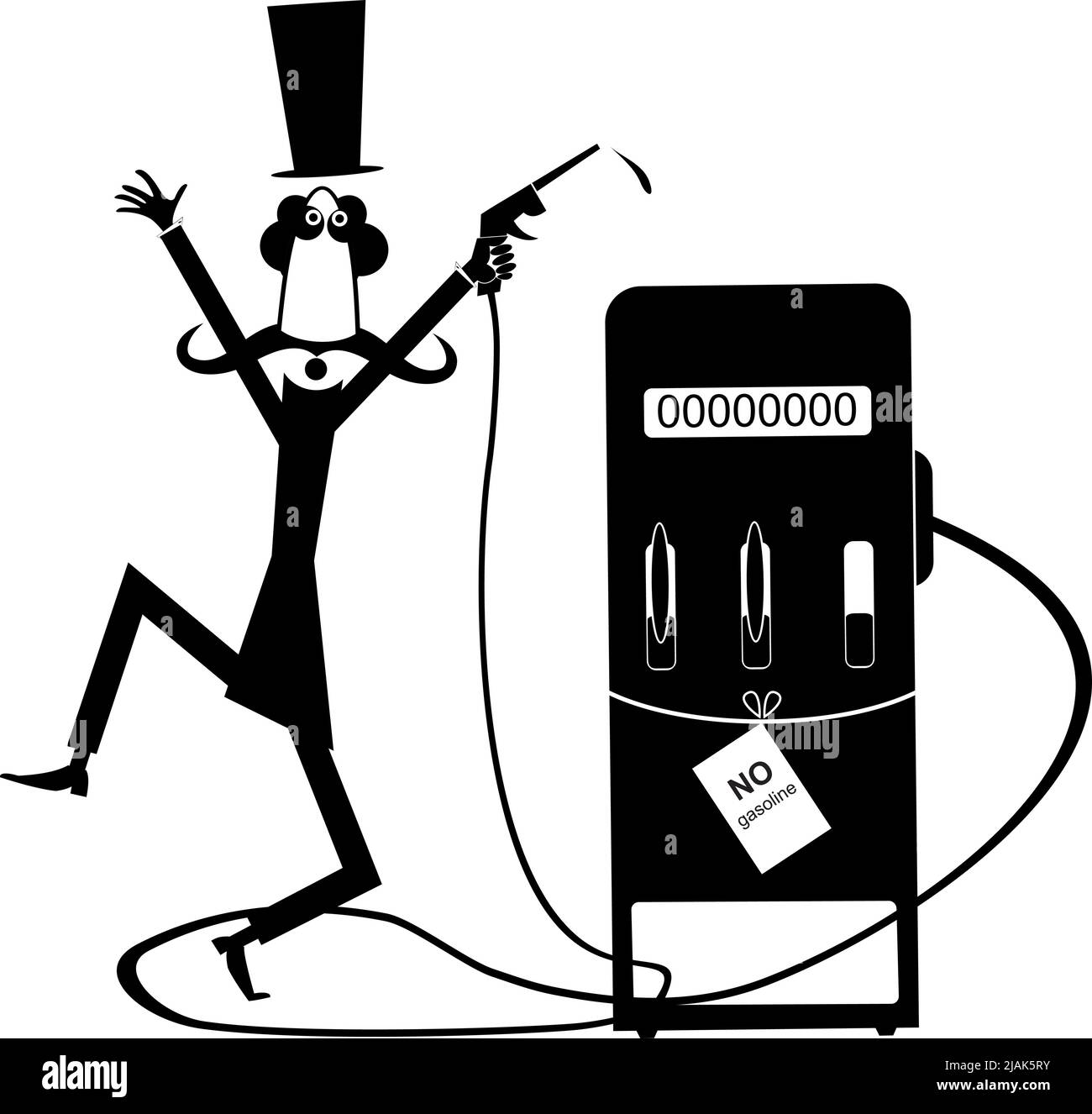 Konzept einer Brennstoffkrise. Panikmann im Zylinder mit einer Füllpistole. An der Tankstelle gibt es kein Benzin Stock Vektor