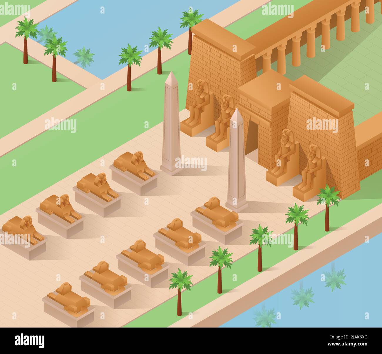 Kulturelle Symbole der alten ägyptischen Architektur isometrischen Hintergrund mit Sphinx und pharao Vektor-Illustration Stock Vektor
