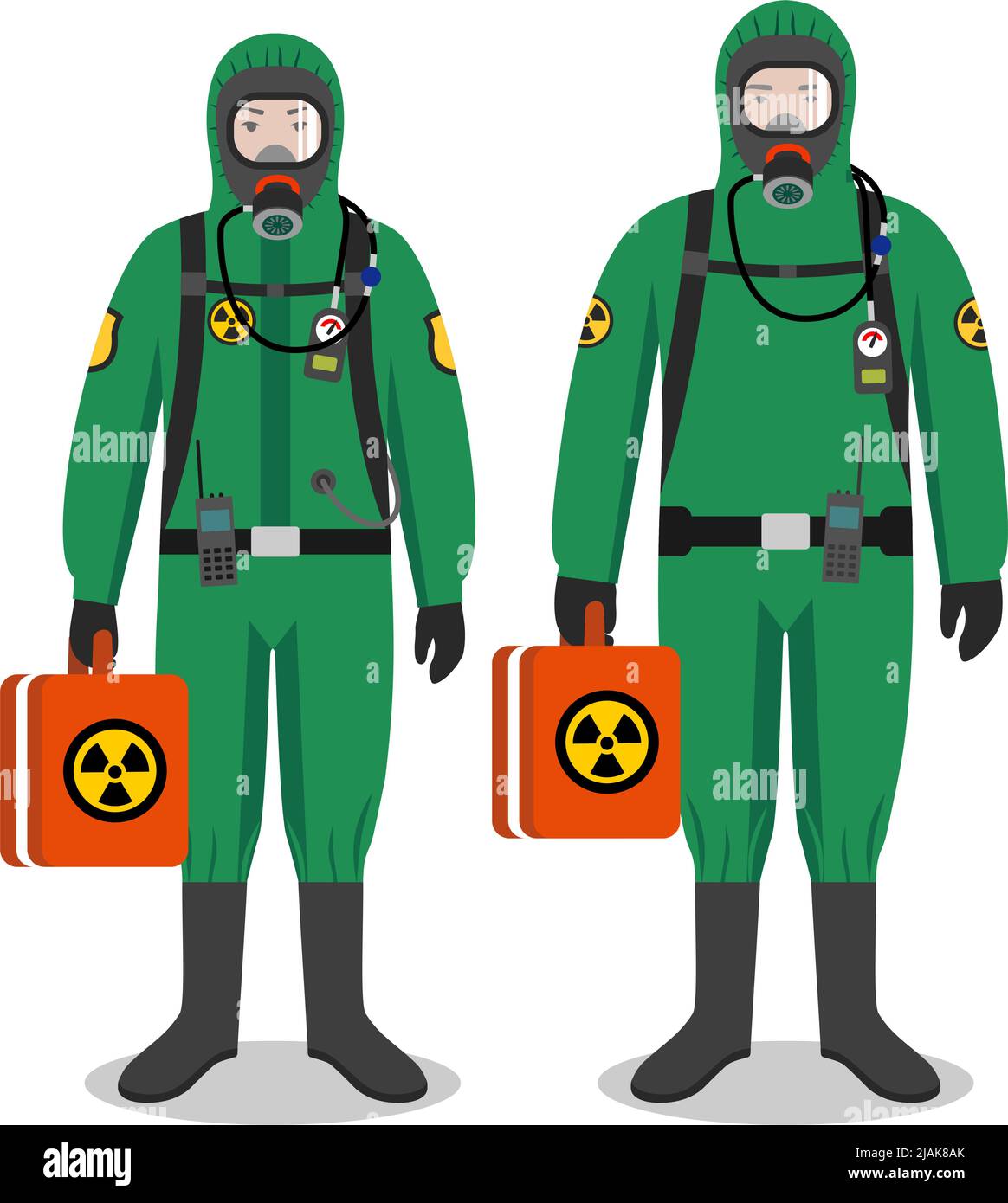 Detaillierte Illustration von ArbeiterInnen in grünen Schutzanzügen auf weißem Hintergrund in flachem Stil. Gefährlicher Beruf. Vektorgrafik. Stock Vektor