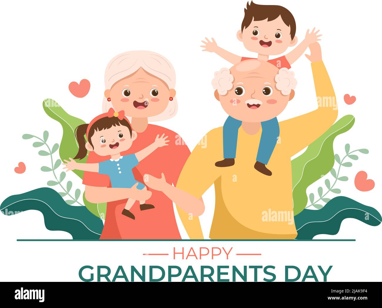Happy Grosselters Day Cute Cartoon Illustration mit Enkel, älteres Paar, Blumendekoration, Opa und Oma im flachen Stil für Poster Stock Vektor