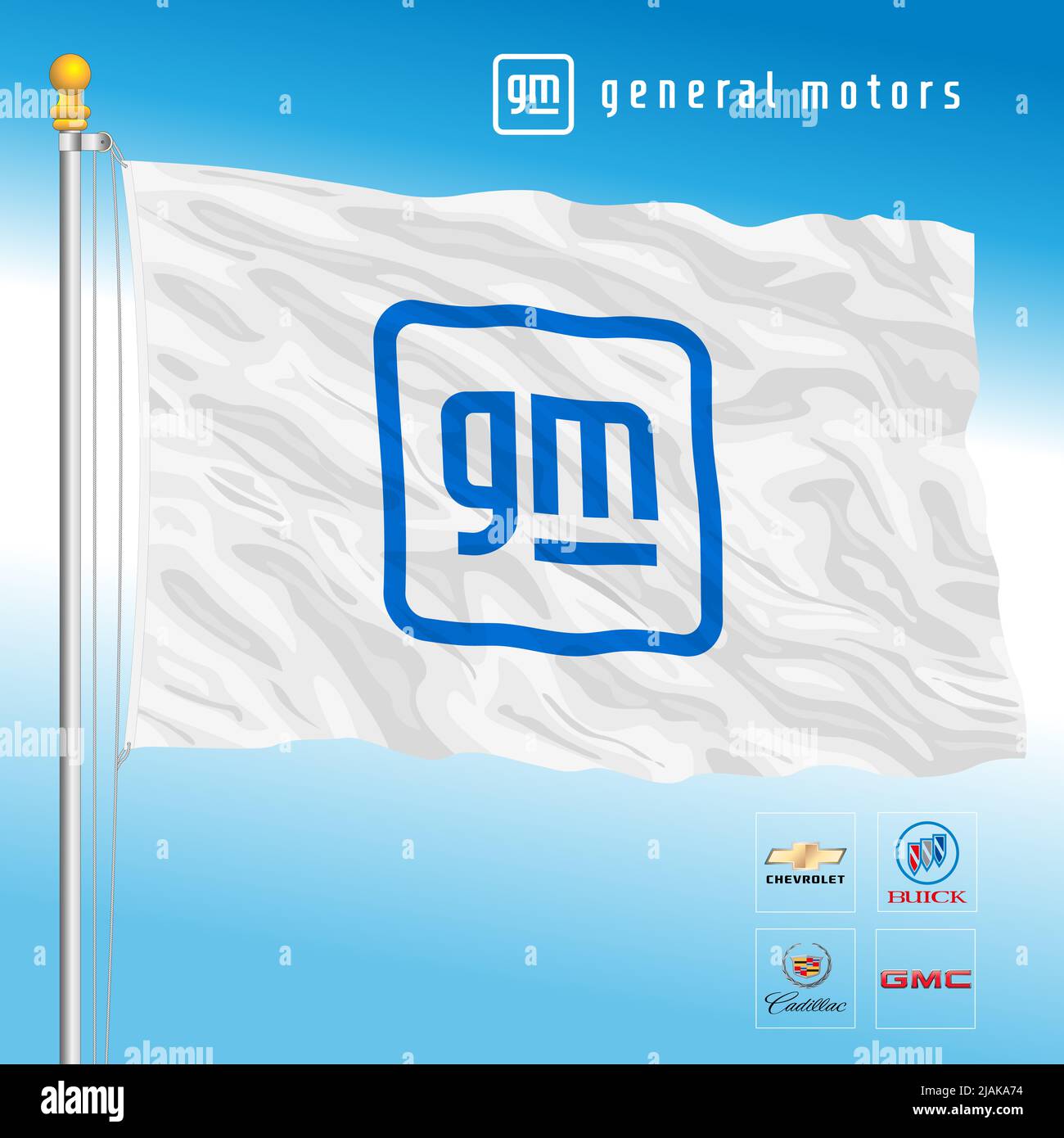 Flagge des Automobilkonzerns General Motors und Markenprodukte, Illustration Stockfoto