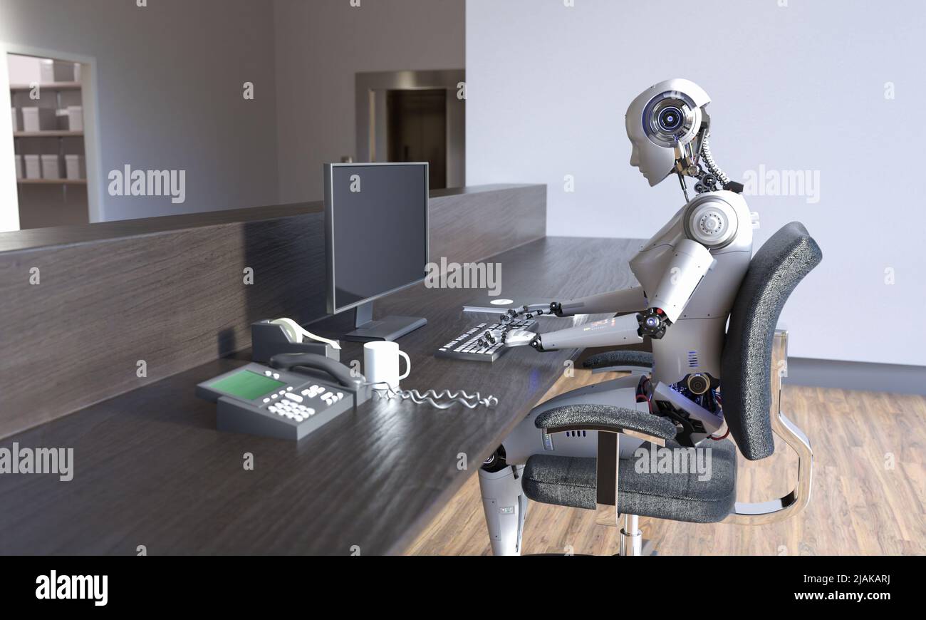 Weiblicher Roboter, der im Büro arbeitet, 3D Render Stockfoto