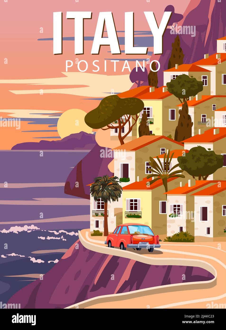 Retro Poster Italien, mediterrane romantische Landschaft, Straße, Auto, Berge, Küstenstadt, Segelboot, Meer. Retro-Reisesoster Stock Vektor