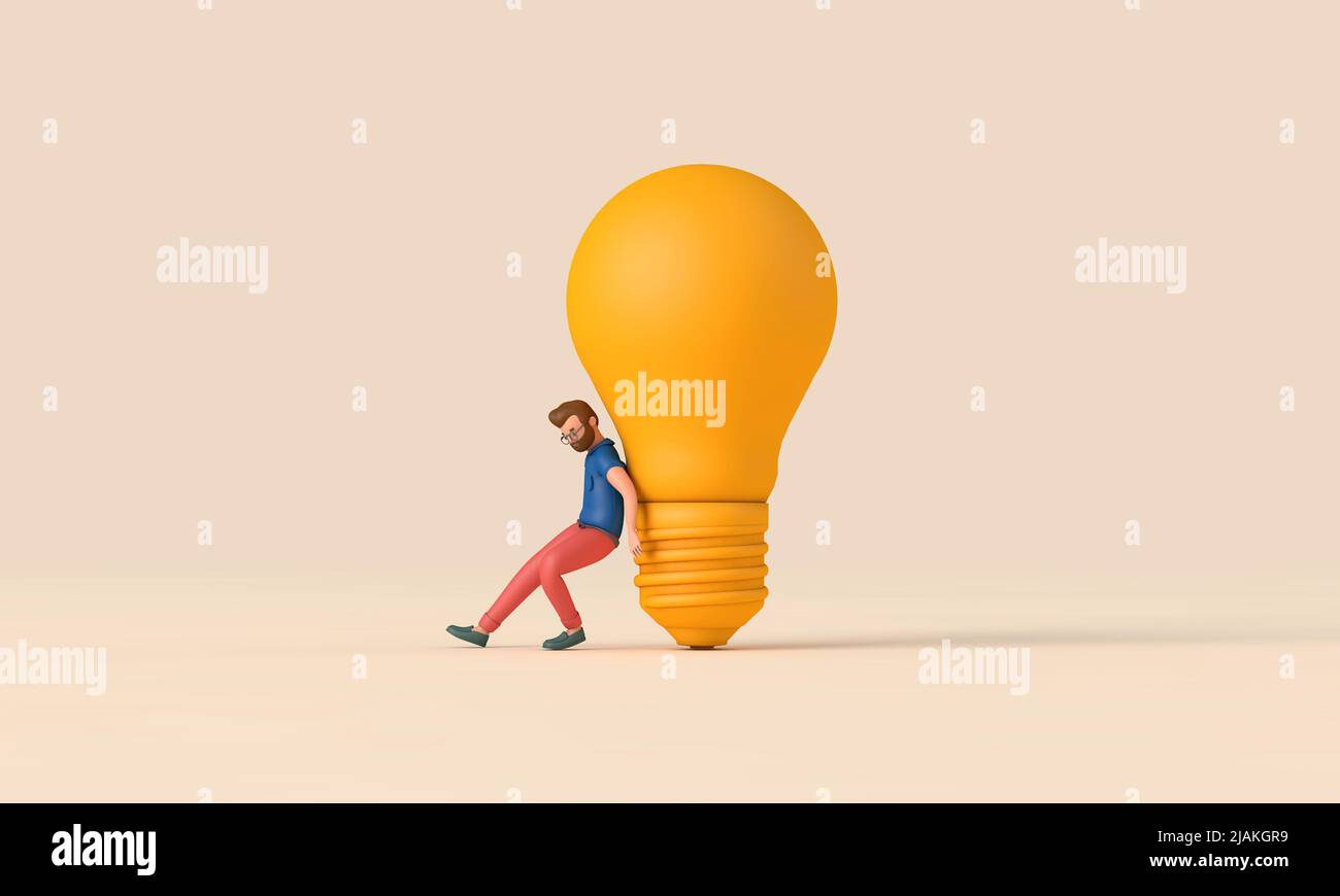 Geschäftsmann mit einer gelben Glühbirne. Innovations- und Intelligenzkonzept. 3D Rendering Stockfoto