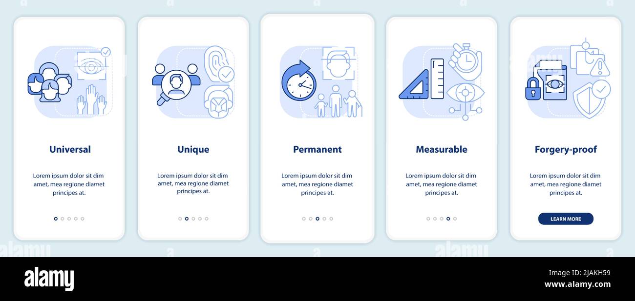 Vorteile der biometrischen Daten hellblau Onboarding mobile App Bildschirm Stock Vektor