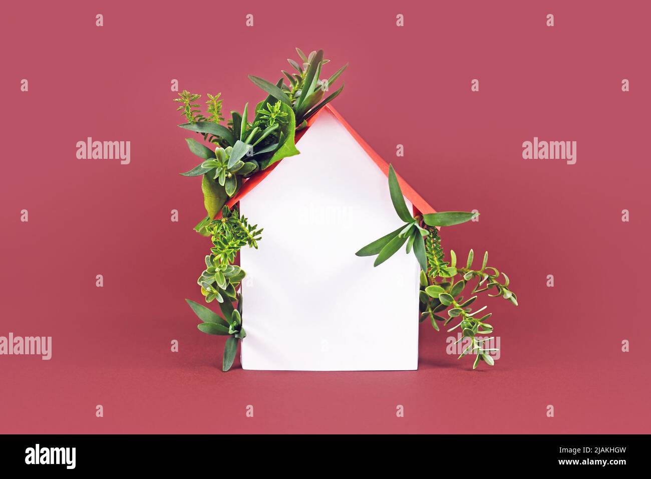 Energieeffizienz und Klimaneutralität in Gebäuden Konzept mit Haus mit Blättern Stockfoto
