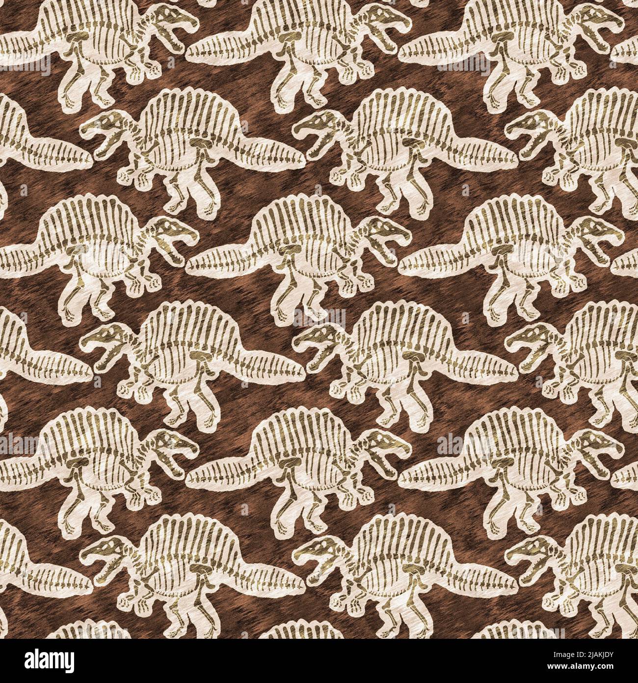 Braun handgezeichnete Spinosaurus fossile Knochen Dinosaurier nahtloses Muster. Geschlechtsspezifische neutrale jurassische Silhouette für die Babykrippe. Home Dekor für Museum Stockfoto