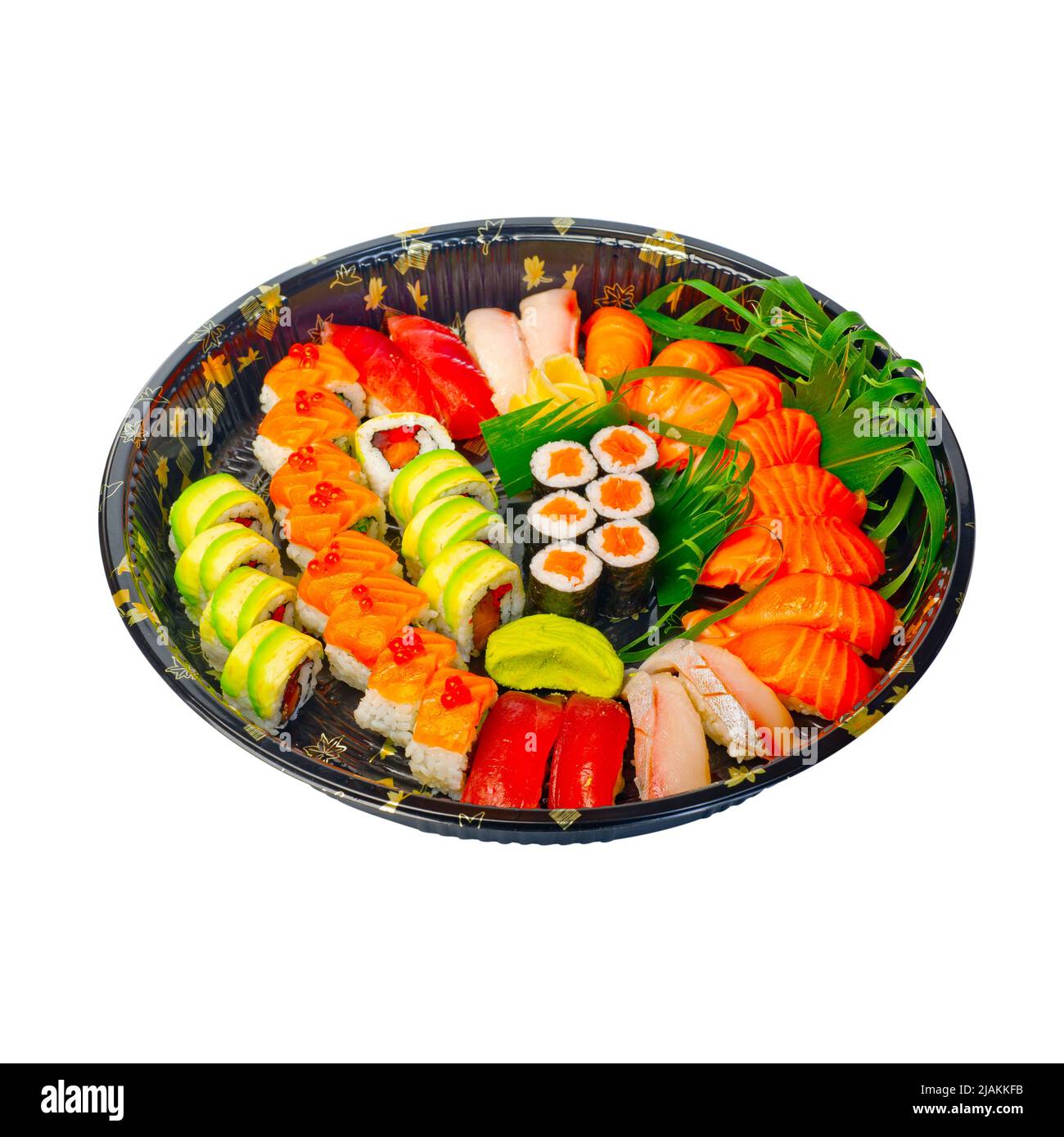 nehmen Sie Auswahl an frischen Sushi express auf Kunststoff-Tablett Stockfoto