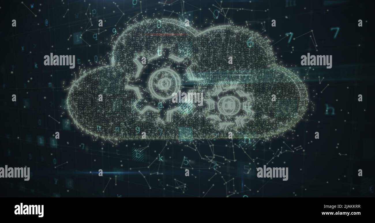 Bild von Scan, Malware und Cloud mit Zahnrädern auf schwarzem Hintergrund Stockfoto