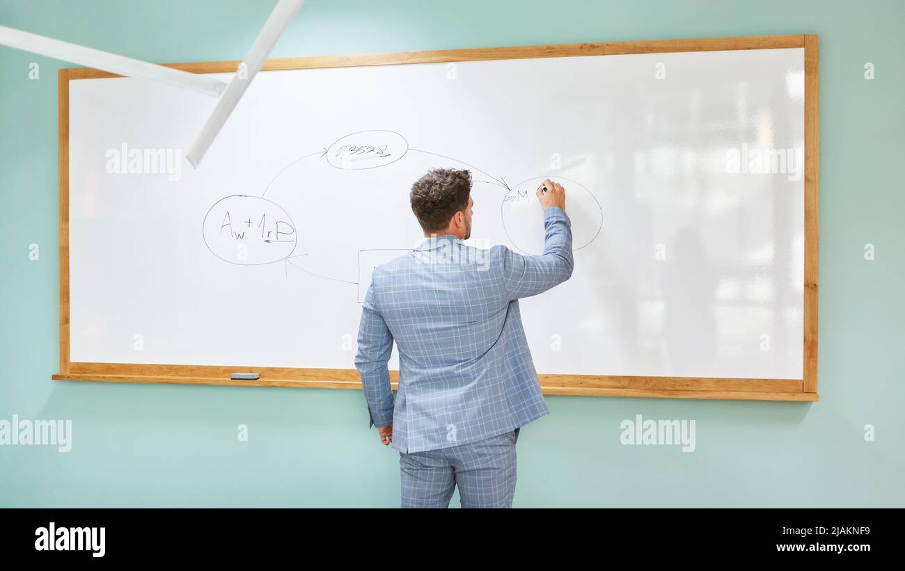 Wissenschaftler oder Dozent schreibt in einem Vortrag an der Universität auf dem Whiteboard Stockfoto