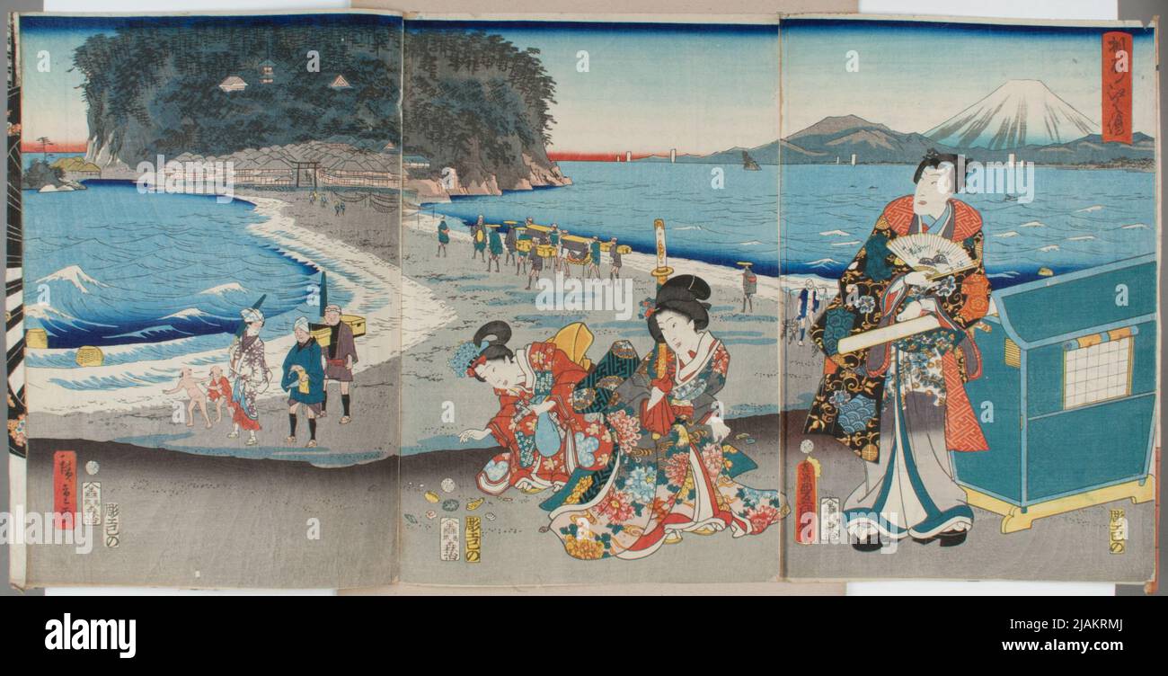 Prinz mit einer Frau und einem Mädchen an der Küste neben der Enoshima Insel HIROSHIGE II, UTAGAWA (1826 1869), Kunisada, Utagawa (1786 1864) Stockfoto