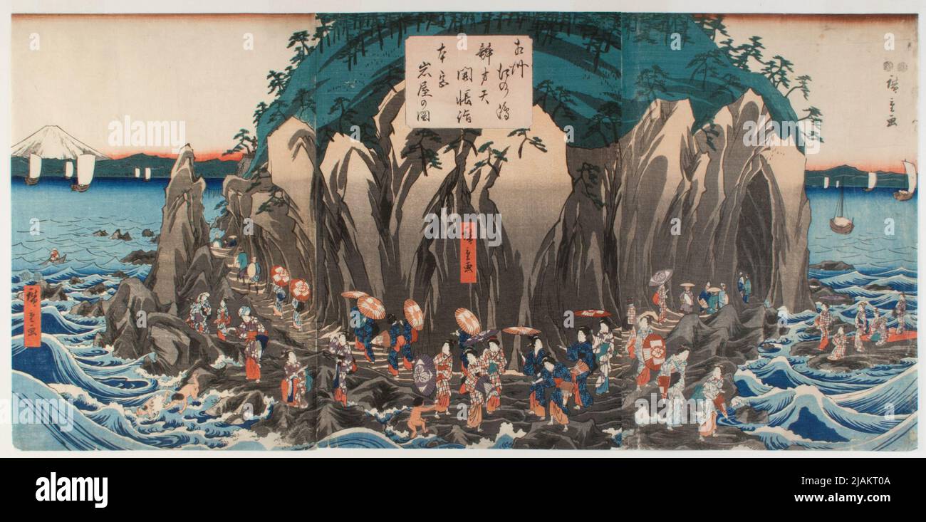 Frauen pilgern zur Höhle der Göttin Benten auf der Enoshima-Insel HIROSHIGE, Ichiryusai (1797 1858) Stockfoto