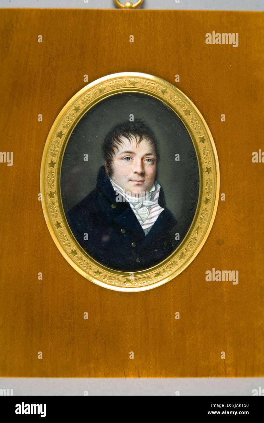Mann in einem marineblauen Tailcoat und einer weißen Weste mit violetten Streifen Chateaubourg de (CA 1765 CA 1837) Stockfoto