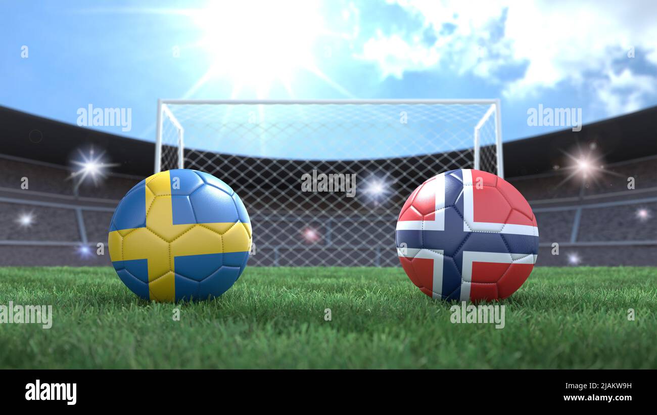 Zwei Fußballbälle in Flaggen-Farben auf Stadion verschwommener Hintergrund. Schweden und Norwegen. 3D Bild Stockfoto