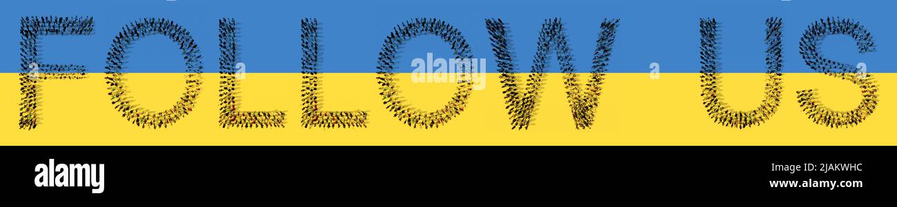 Konzept oder konzeptionelle große Gemeinschaft von Menschen bilden FOLGEN US-Botschaft auf ukrainischer Flagge. 3D Illustration Metapher für Mitgefühl, Solidarität Stockfoto