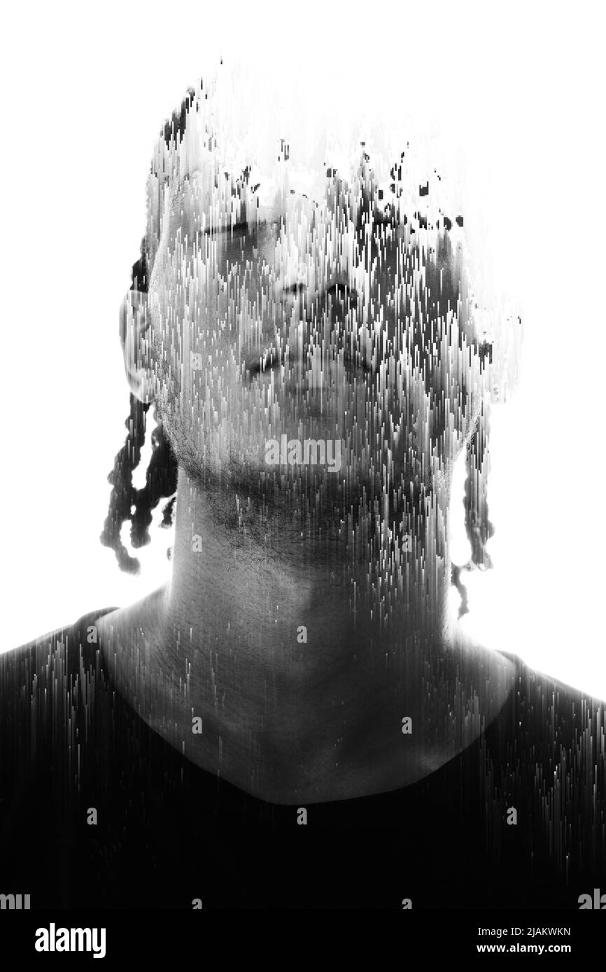 Digitaler Glitch-Effekt kombiniert mit einem Porträt Stockfoto