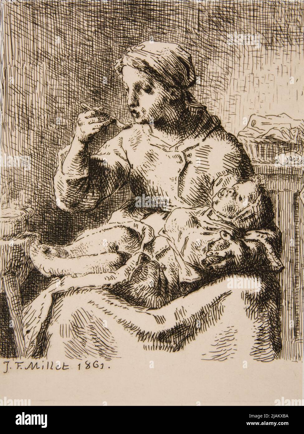 La Bouillie / Owsianka Z: „Gazette des Beaux Arts“, 1. September 1861, s. 256–266, Druk. Auguste Delâtre Millet, Jean Francois (1814 1875), Delâtre, Auguste (1822 1907) Stockfoto