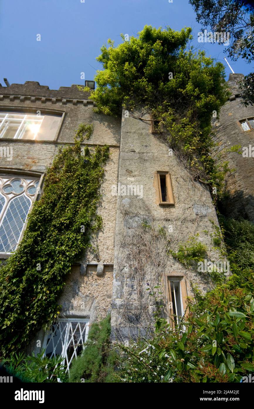 Malahide Castle ist eine normannische Struktur in der nördlichen Grafschaft Dublin, Irland. Es liegt auf 250 Hektar Parkland in der hübschen Küstenstadt Malahide. Stockfoto