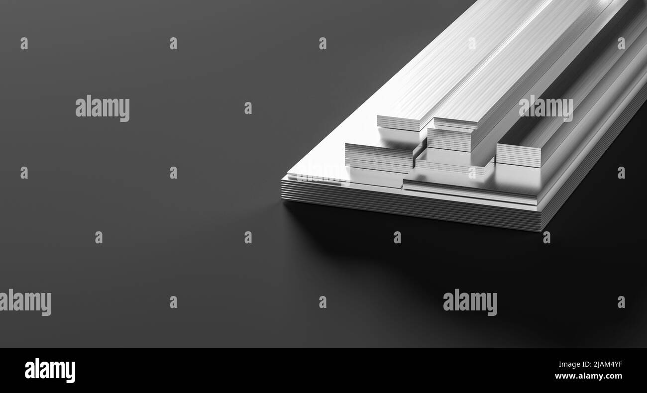 Stapel von Stahl- oder Aluminiumplatten isoliert auf dunklem Hintergrund. 3D Abbildung. Stockfoto