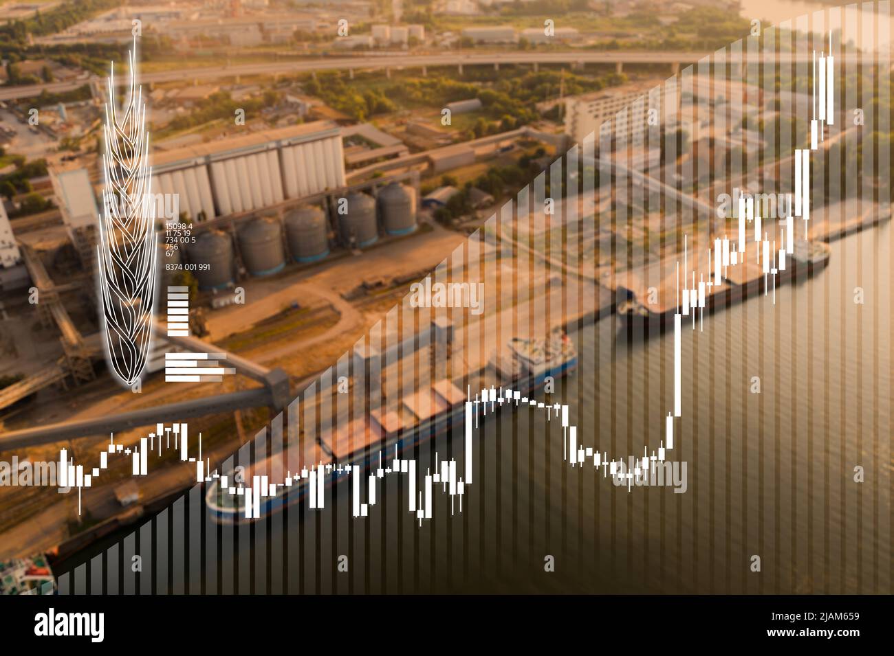 Diagramm zum Wachstum der Weizenpreise vor dem Hintergrund des Getreidehafens mit Silos und Schiffen Stockfoto