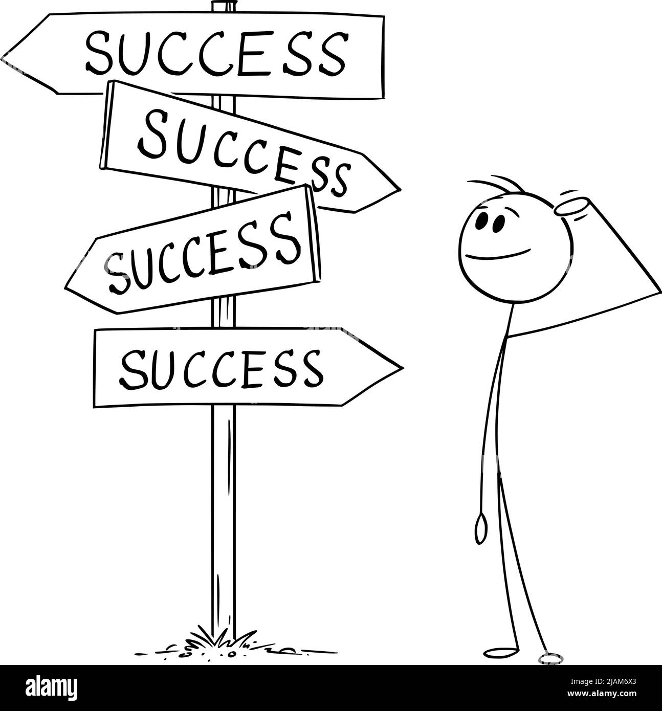 Person oder Geschäftsmann stehen an der Kreuzung, entscheiden und wählen Sie aus Erfolg Entscheidungen, Vektor Cartoon Stick Figur Illustration Stock Vektor