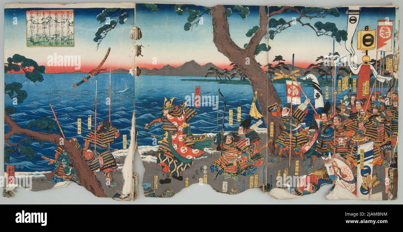 Ein Ritter, der das Schwert ins Meer WIRFT HIROSHIGE II, UTAGAWA (1826 1869), Yanagawa, Shigenobu (1787 1832) Stockfoto